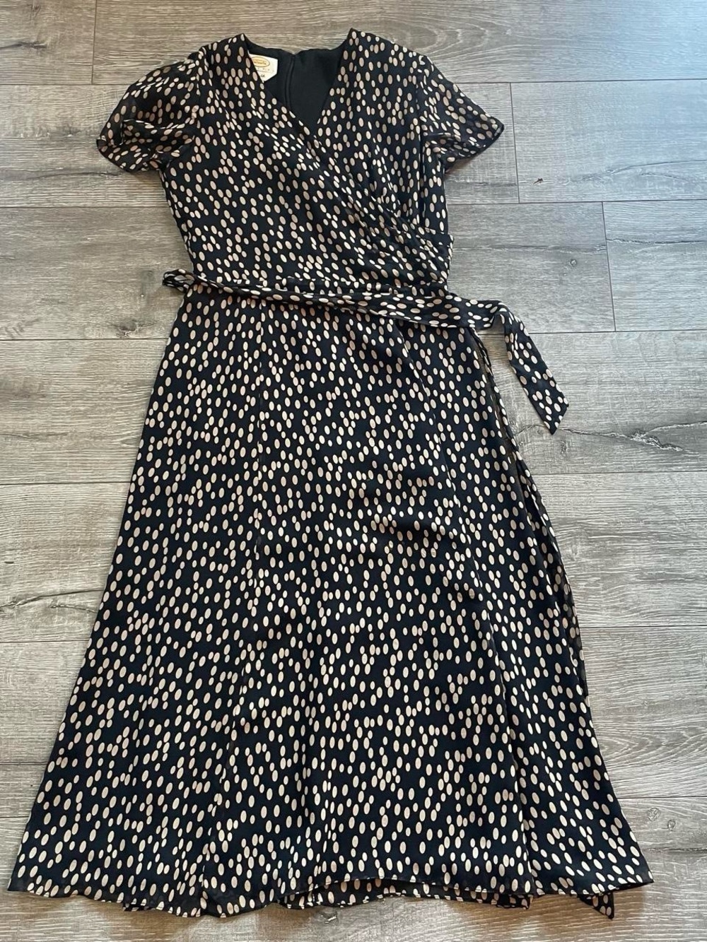 Talbots Black Wrap Dress with Beige Dot Pattern